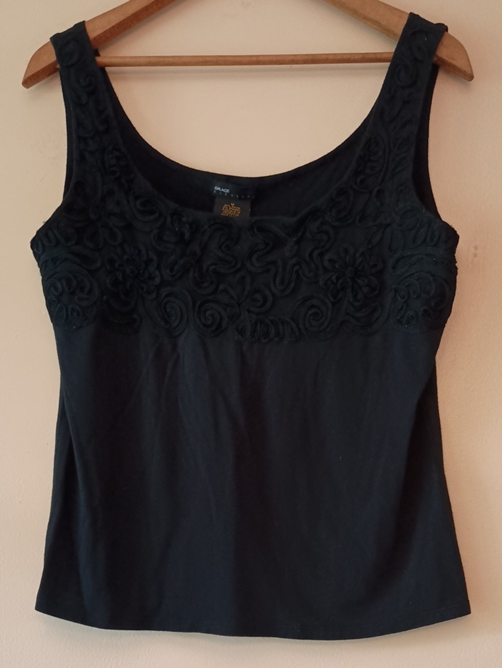Grace Elements Black Embroidered Scoop Neck Tank, Sz M